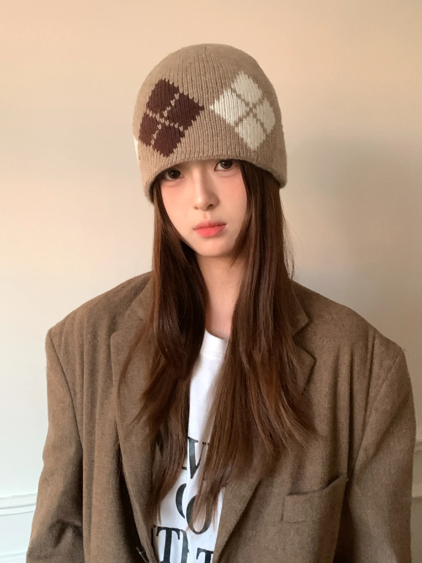 Retro Color-Blocked Argyle Knitted Hat With A New Large Head Circumference Warm And Ear-Protecting Cold Hat