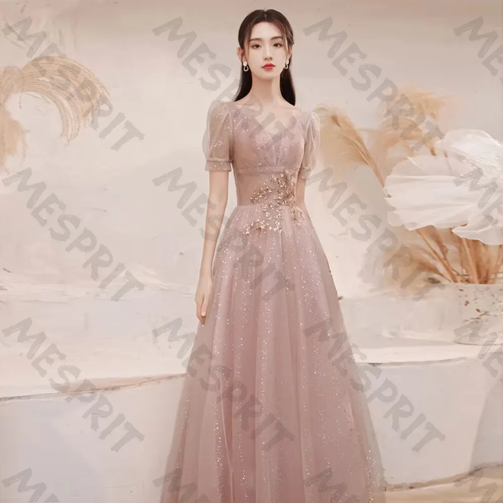 Customized Rose Glitter Fluffy Sleeve V-neck Evening Dress 2026 Beaded Waist Cinched Sheer A-line Ball Gown Suitable for Parties