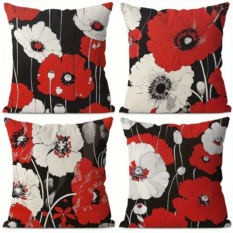 High Quality Floral Poppies Print Pillowcase Set 4pcs Red White Cushion Covers 40x40cm Decorative Throw Pillows for Bedroom Home