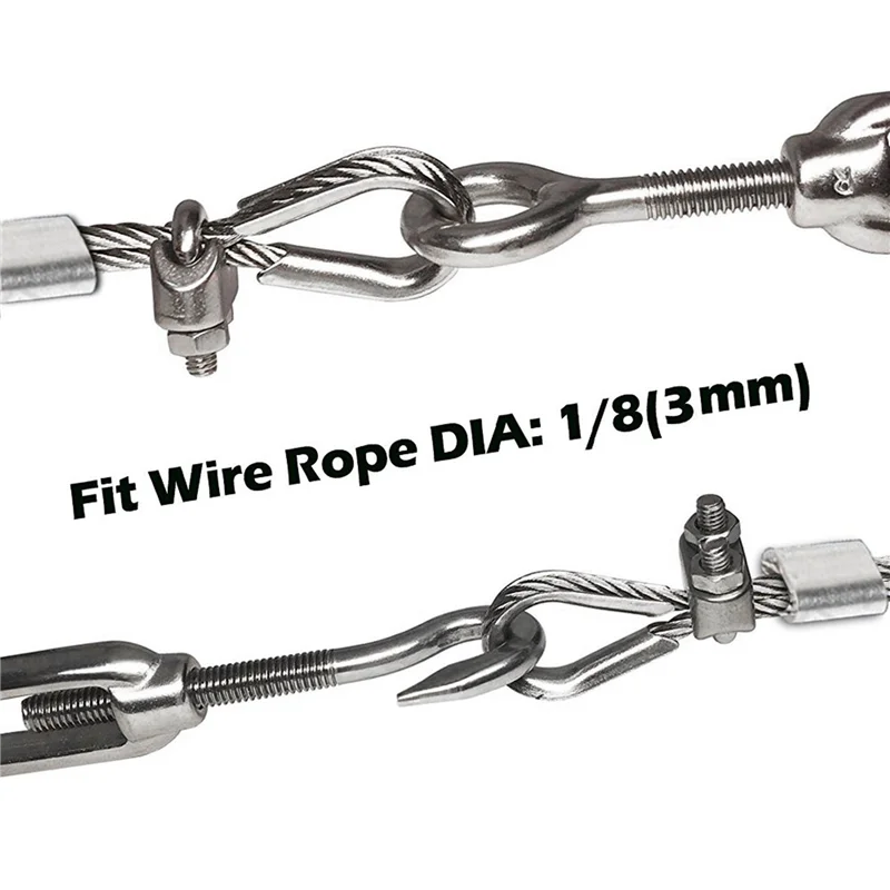 ABVG-100Pcs Heavy Duty Wire Rope Tension Kits Turnbuckle 1/8 Inch Wire Rope Cable Clip Thimble Wire Rope Aluminum Sleeve
