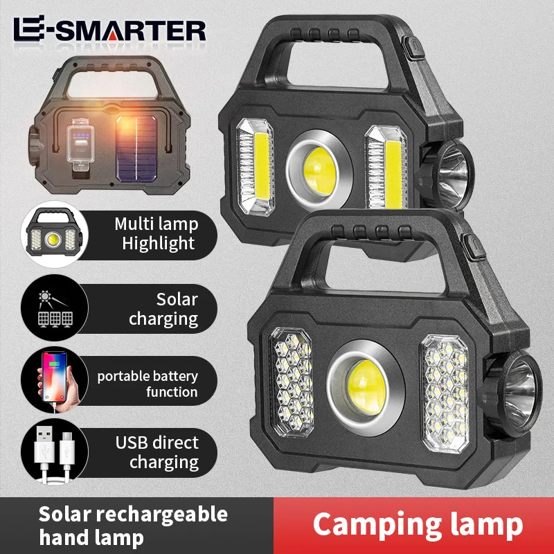 Solar Rechargeable Flashlight Zoomable Waterproof COB LED Torch Brightly Light Portable Powerful Lantern for Camping