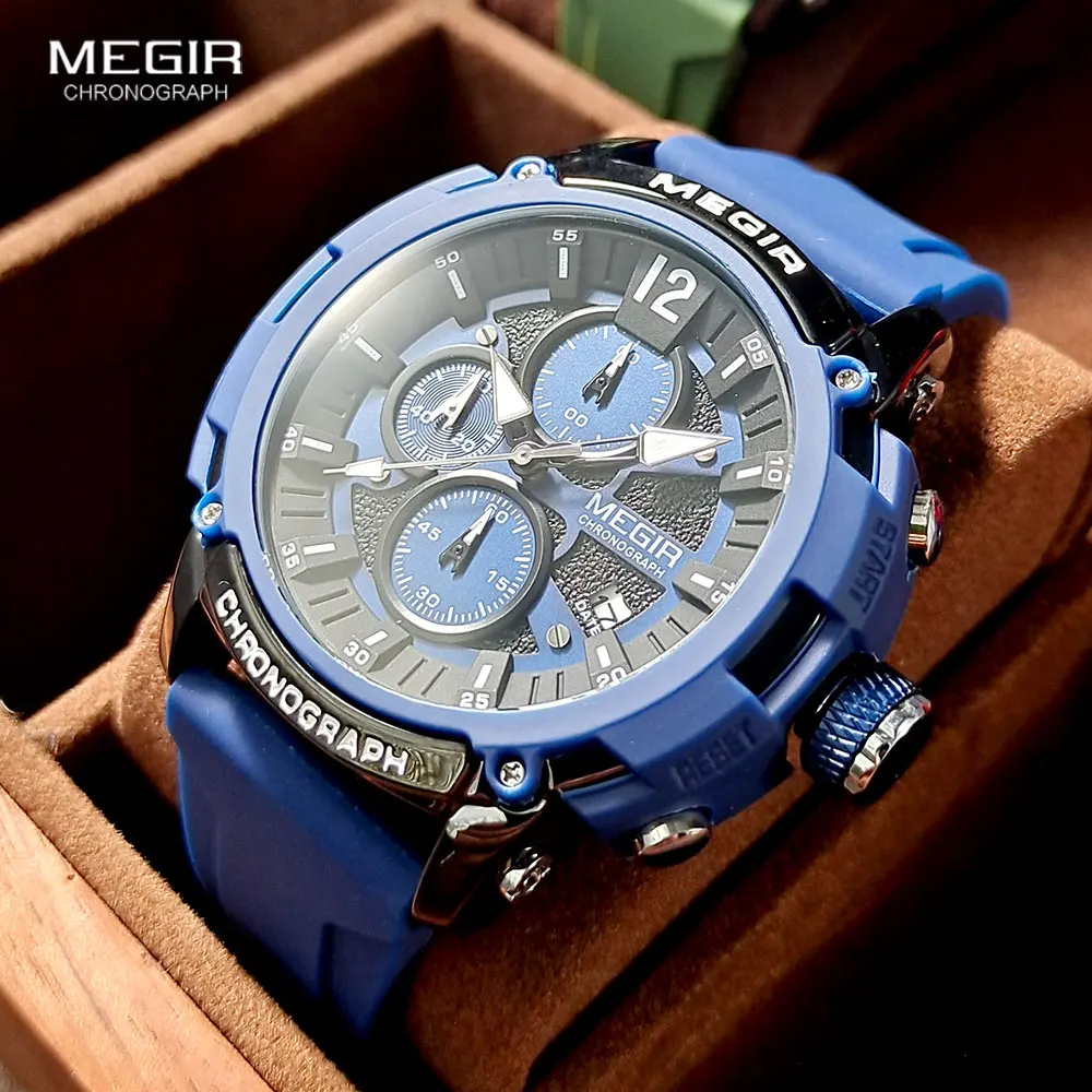 MEGIR Men Watches with Navy Blue Silicone Strap Fashion Military Sport Chronograph Quartz Waterproof Wristwatch Luminous Hands