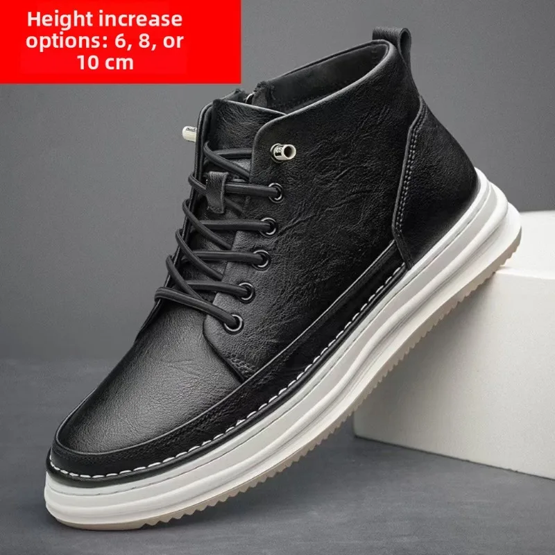 Men's Shoes Fashion High-top Casual Shoes 6cm 8cm 10cm Inner Height Increase Leather Boots Lace-up Ankle Boots Botas Para Hombre