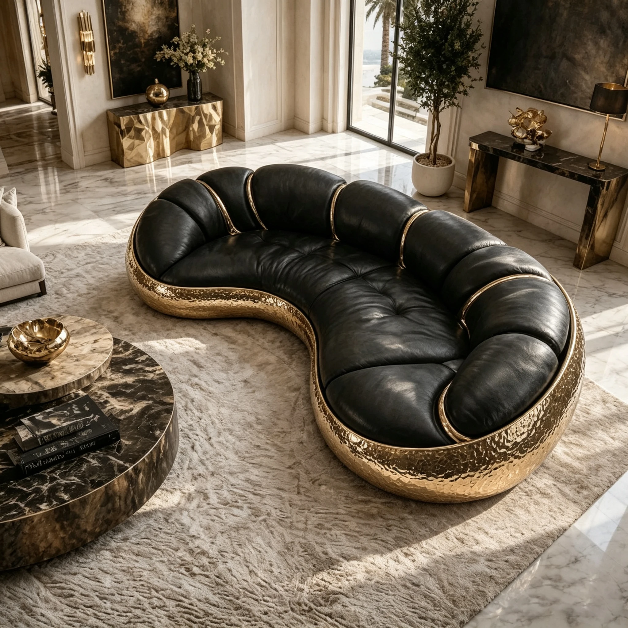 Modern curved multi-seater sofa with fiberglass hammered gold frame and premium black leather upholstery for home use
