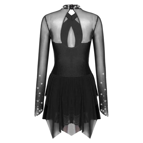 Imagen 2 del producto Vestido de baile de patinaje artístico para mujer, leotardo de baile lírico de gimnasia rítmica de Ballet, tutú de manga larga, Ropa de baile de malla con diamantes de imitación