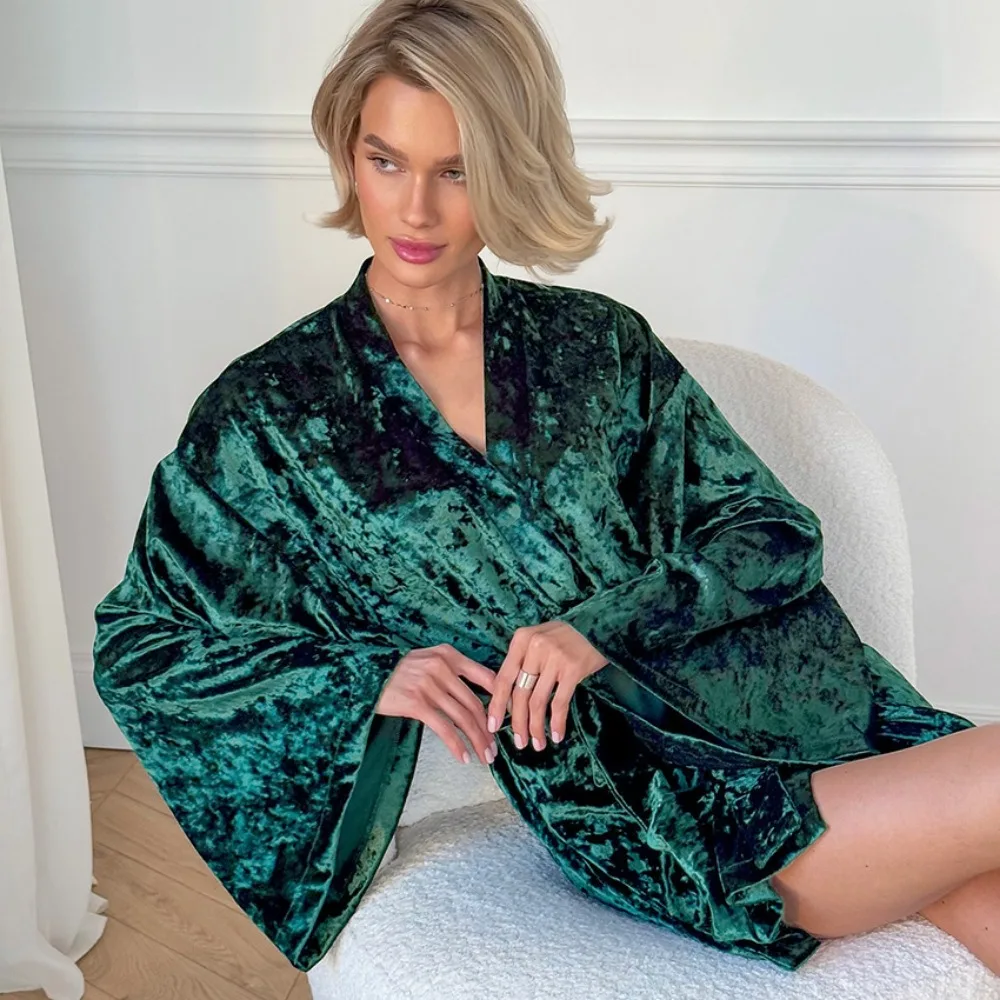 بيجامة نوم نسائية قصيرة مخملية فاخرة من الذهب والماس والخفيف ملابس منزلية بأكمام طويلة #6