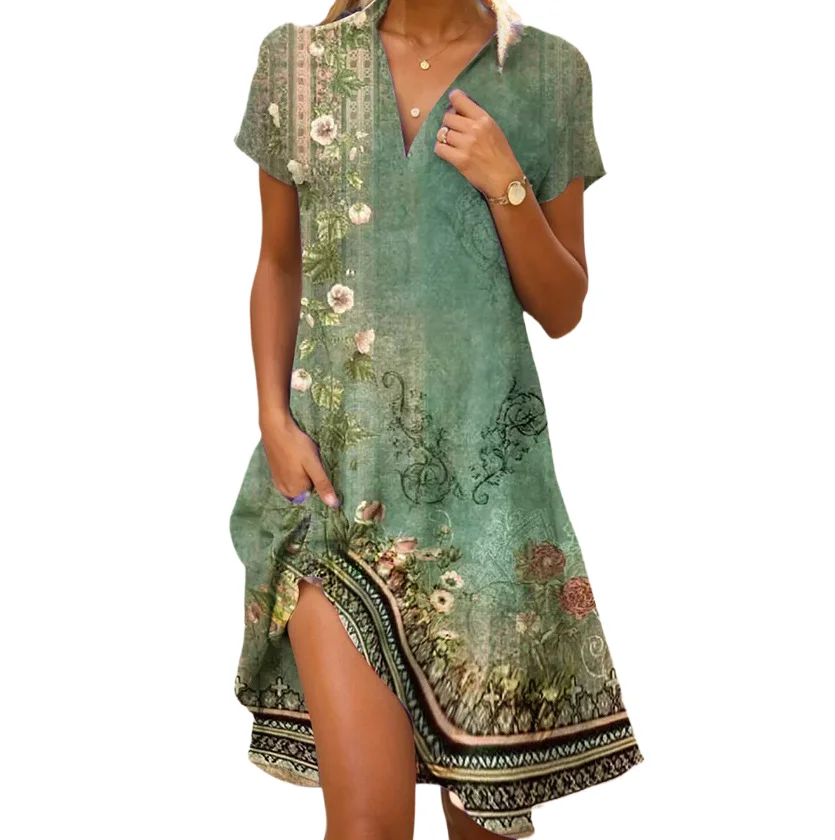 

2024 Summer New Women's Sexy V-neck Short Sleeved Long Skirt Fashion Bohemian Printed Pocket Casual Dress For Women
