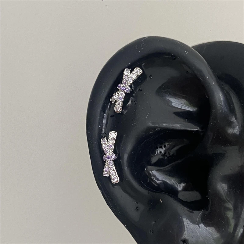 Full of Rhinestone Shiny Zircon Bow Stainless Steel Ear Bone Nail Trendy Sweet Earring for Women Body Piercing Cochlea Accessory