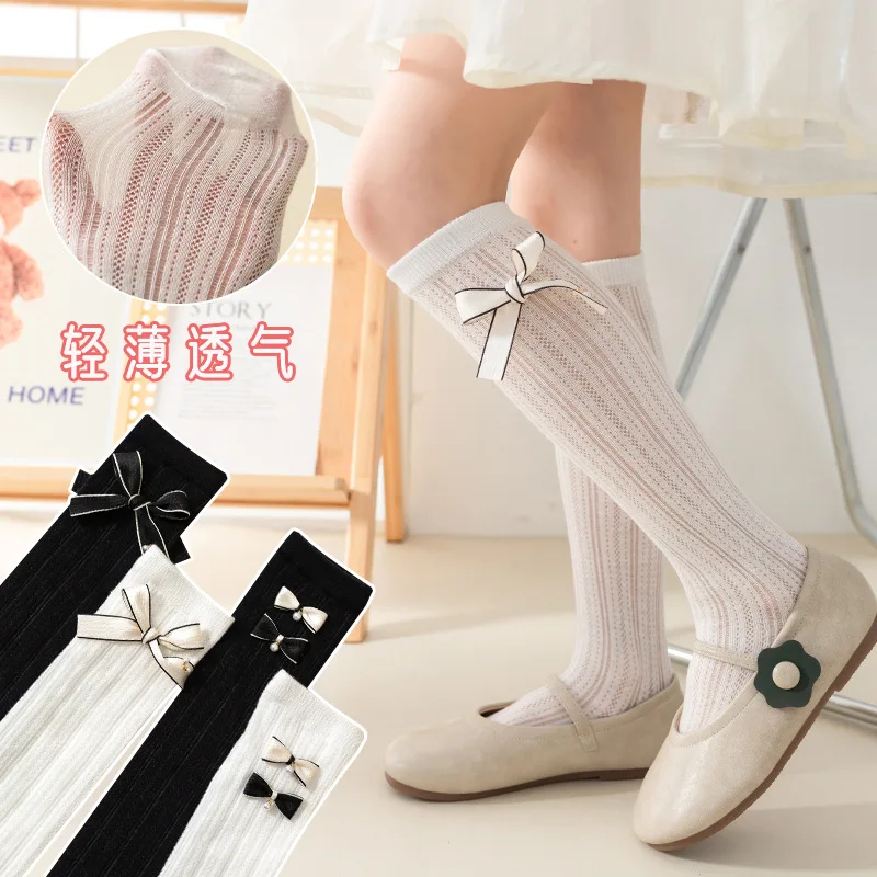 

Spring Summer Girls Knee High Socks for Kids Children Bowknot Mesh Breathable Long Tall Socks White Black 3-12Y