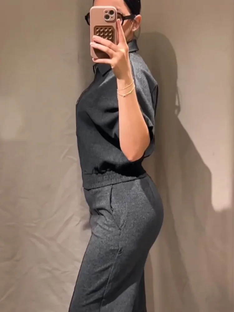 HH Women Fashion Lapel Zipper Loose Short Sleeve Vest+Autumn High Waisted Elastic Waist Pockets Wide-leg Pants 2-Piece Set