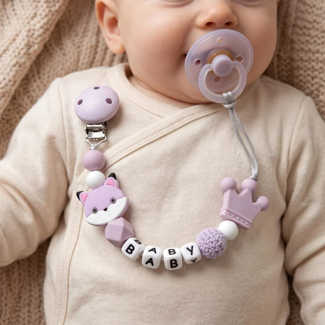 Custom Name Fox Baby Pacifier Chain Purple Silicone Teething Beads Handmade Binky Clip BPA Free Infant Soother Gift