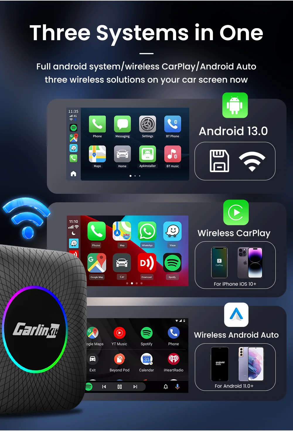 CarlinKit CarPlay Ai Box Android 13 SM6225 8 Cores 8G+128G Smart Android TV Box Wireless CarPlay Android Auto Support 512GB TF