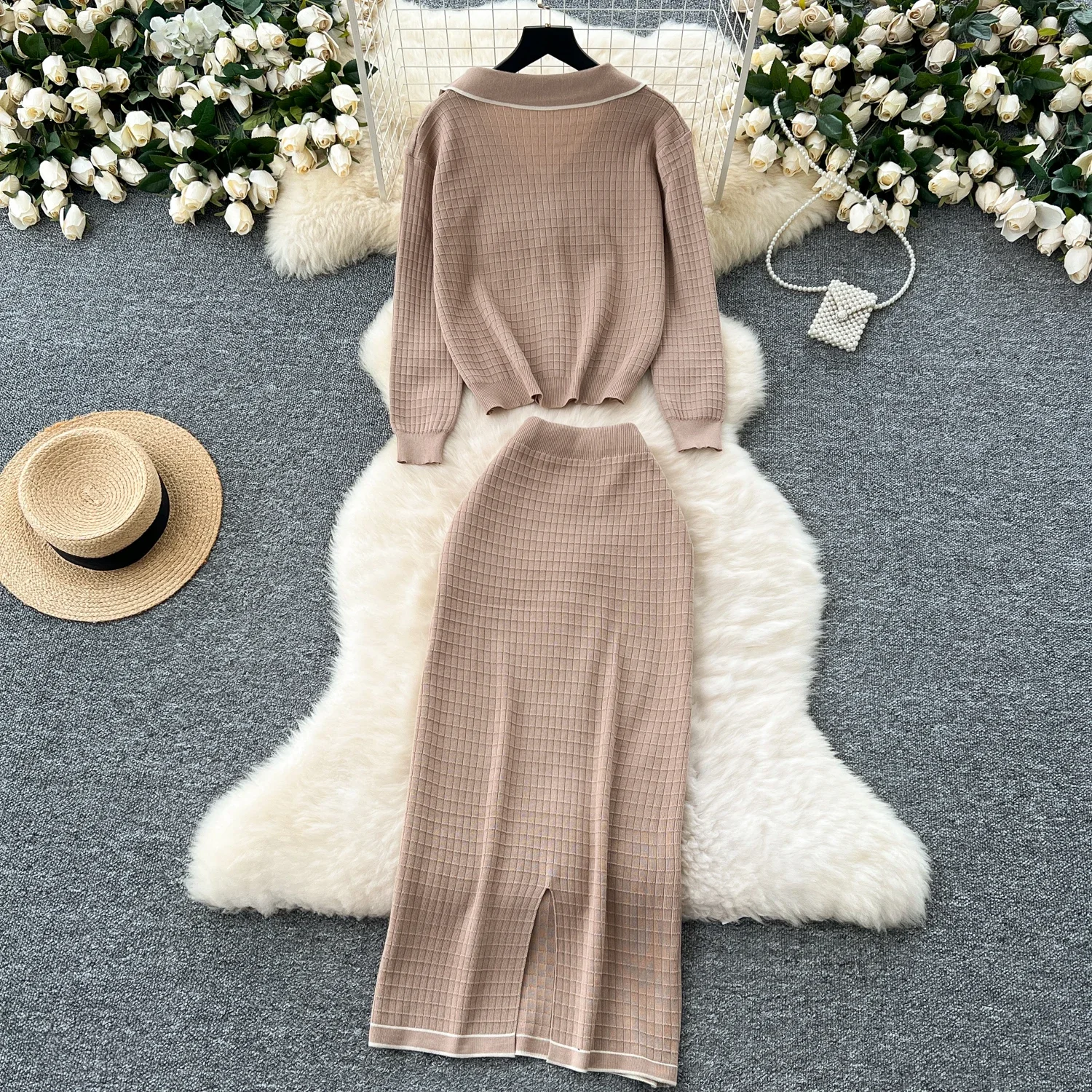 Chic Knit Women Two-Piece Sets Turn-down Collar Single Breasted Slim Top High Waist Skirt Korean Fashion Autumn Winter Clothing