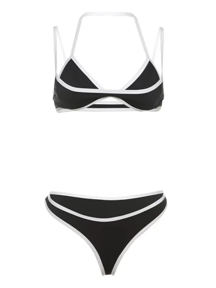 Lady Classic Black White Trim Bikini Harajuku Aesthetics 2 Piece Halter Neck Thin Strap Beachwear Triangle Bathing Suit Swimwear