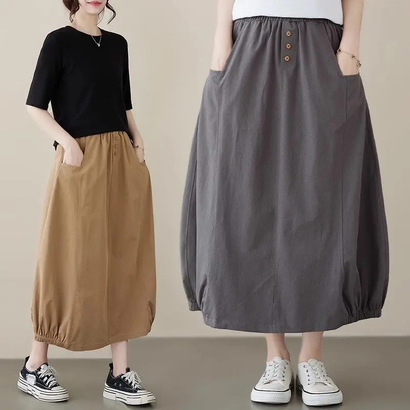 

Skirt Women's Summer 2023 Korean Version Loose Fit Pure Cotton Solid Color Mid Length Artistic Style Casual A-Line Skirt Z1868