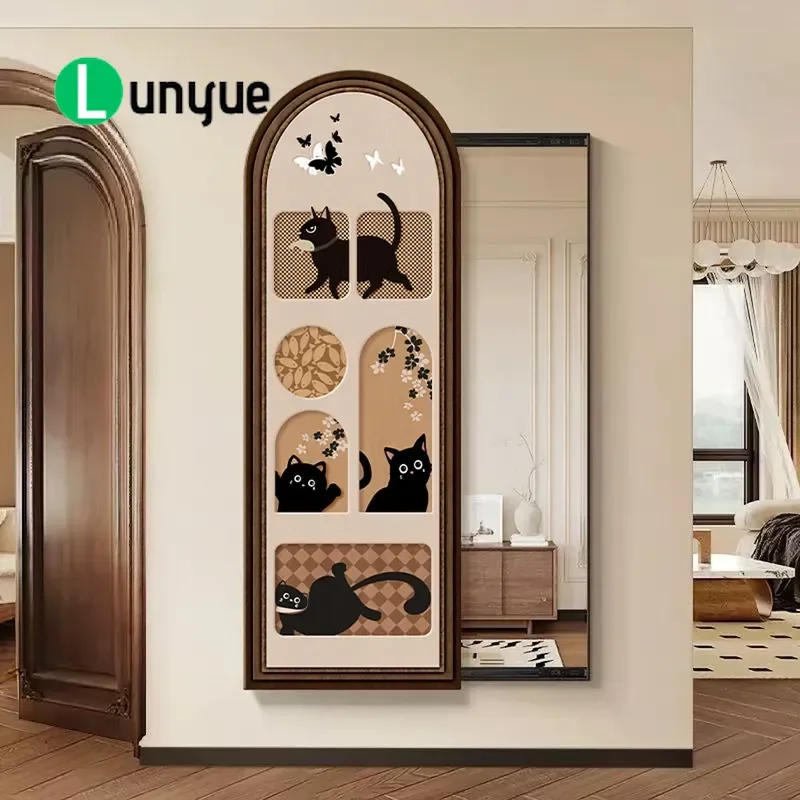 Medieval Style Cat Entrance Decorative Painting Full Body Mirror Hidden Mural Push Pull Wall Art for Doorway Home Decor Space