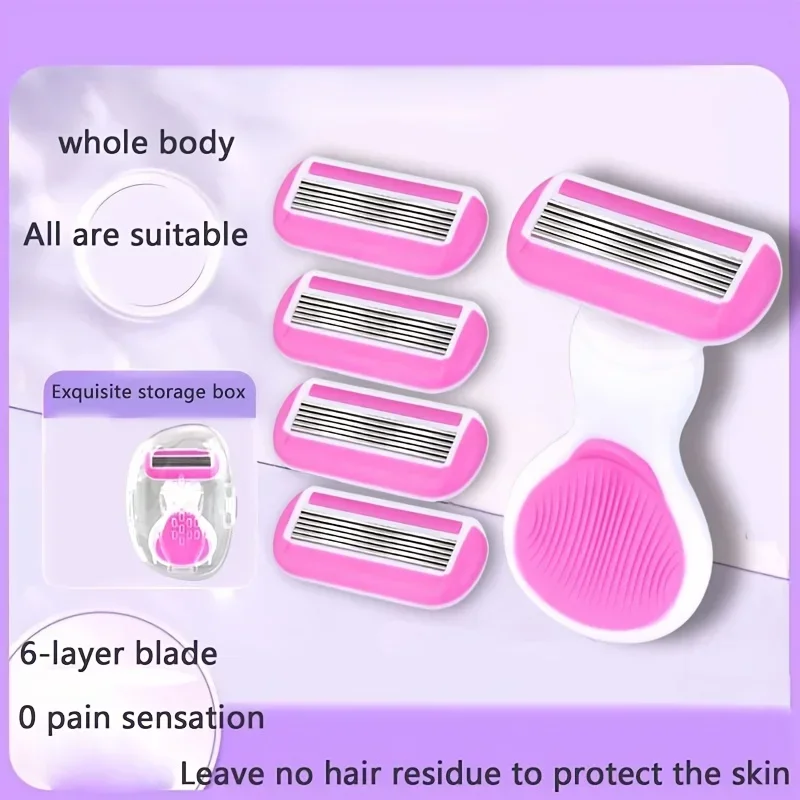 Pink 6-Layer Lady Portable Shaver Travel Set Mini Razor Hair Removal Tool Shell Soap Travel Kit