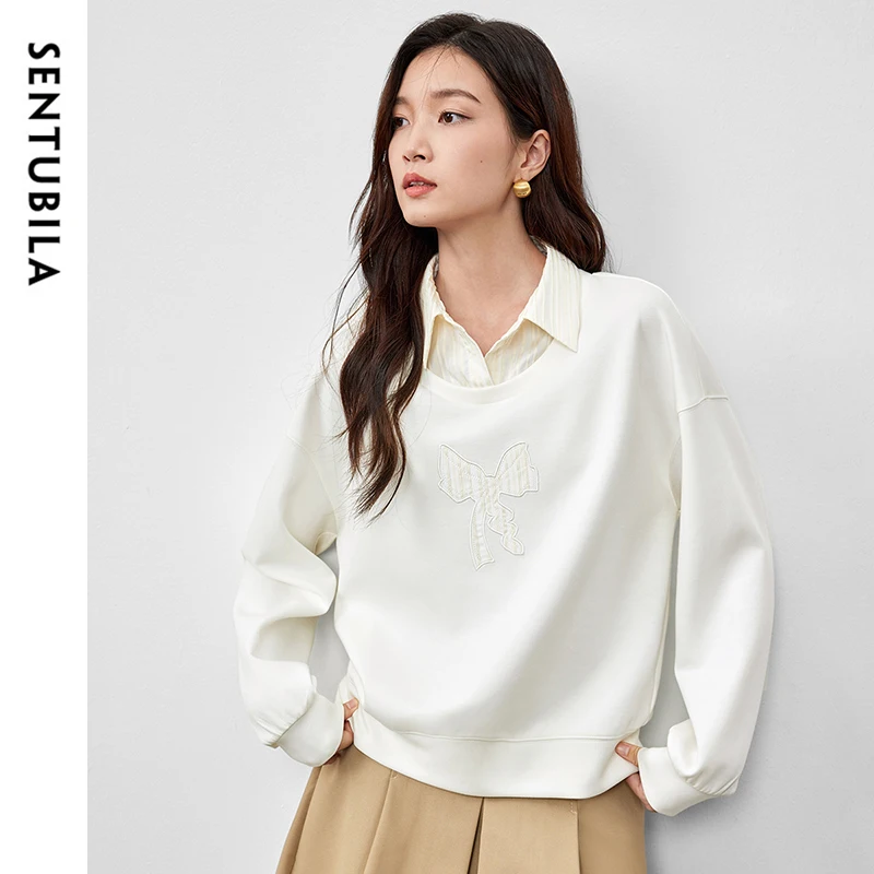 SENTUBILA Bow Embroidery Womens Sweatshirt 2025 Spring Cotton Loose Casual Patchwork Shirt Collar Long Sleeve Pullover 151A58760