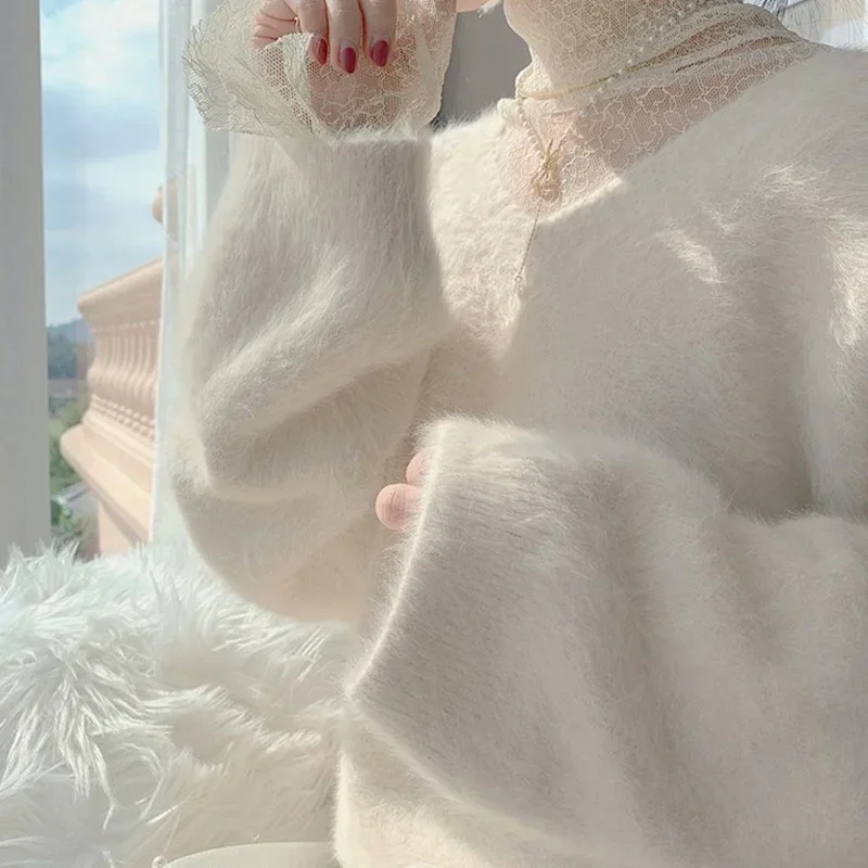 Sweater bulu halus wanita, pullover rajutan kasual longgar, warna murni leher V kasmir, mode baru musim semi 2025