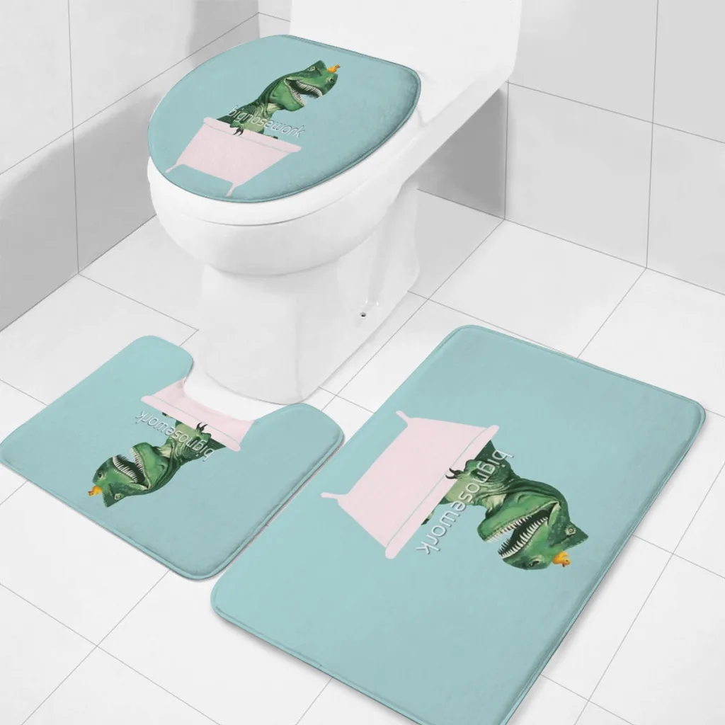 Playful T-Rex in Bathtub in Green 3 Sets Bathroom Antiskid Pad Non-Slip Bath Carpet Floor Mat Rug Flannel Baths Mat Toilet mat