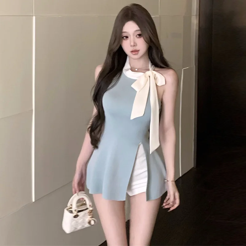 Gege's Online Celebri Girl Sweet Fashion Bow Design Sense Hanging Neck Knit vest Split Mid-Length Top