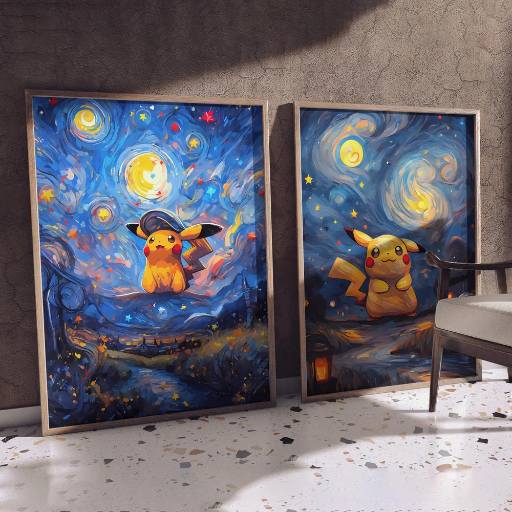 Pokemon Themed Decorative Paintings Pikachu Under The Van Gogh Starry Sky with Gorgeous Colors and Hd Images Creating Warm Spa