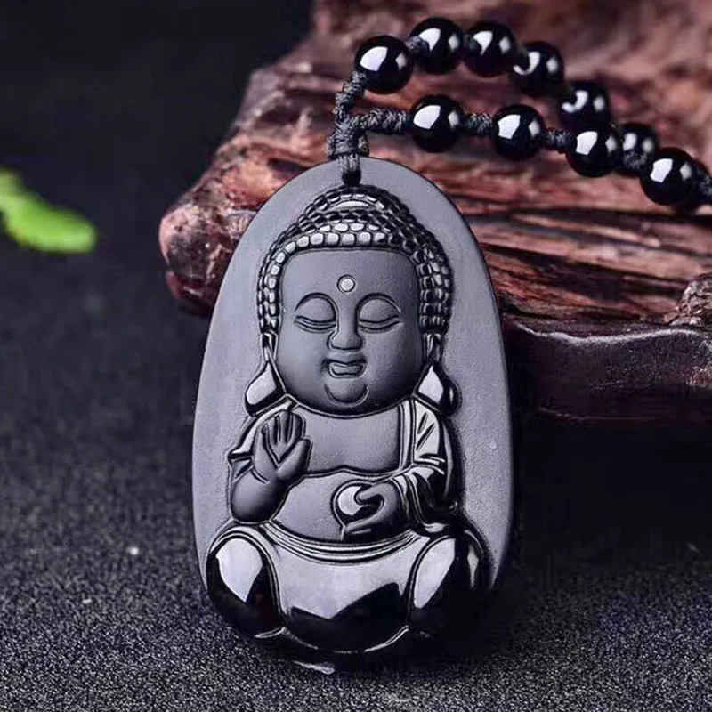 

Natural Black Obsidian Baby Buddha Pendant Lucky Lady Crystal Sakyamuni Buddha Necklace Jewelry Sweater Chain Pendant Gift