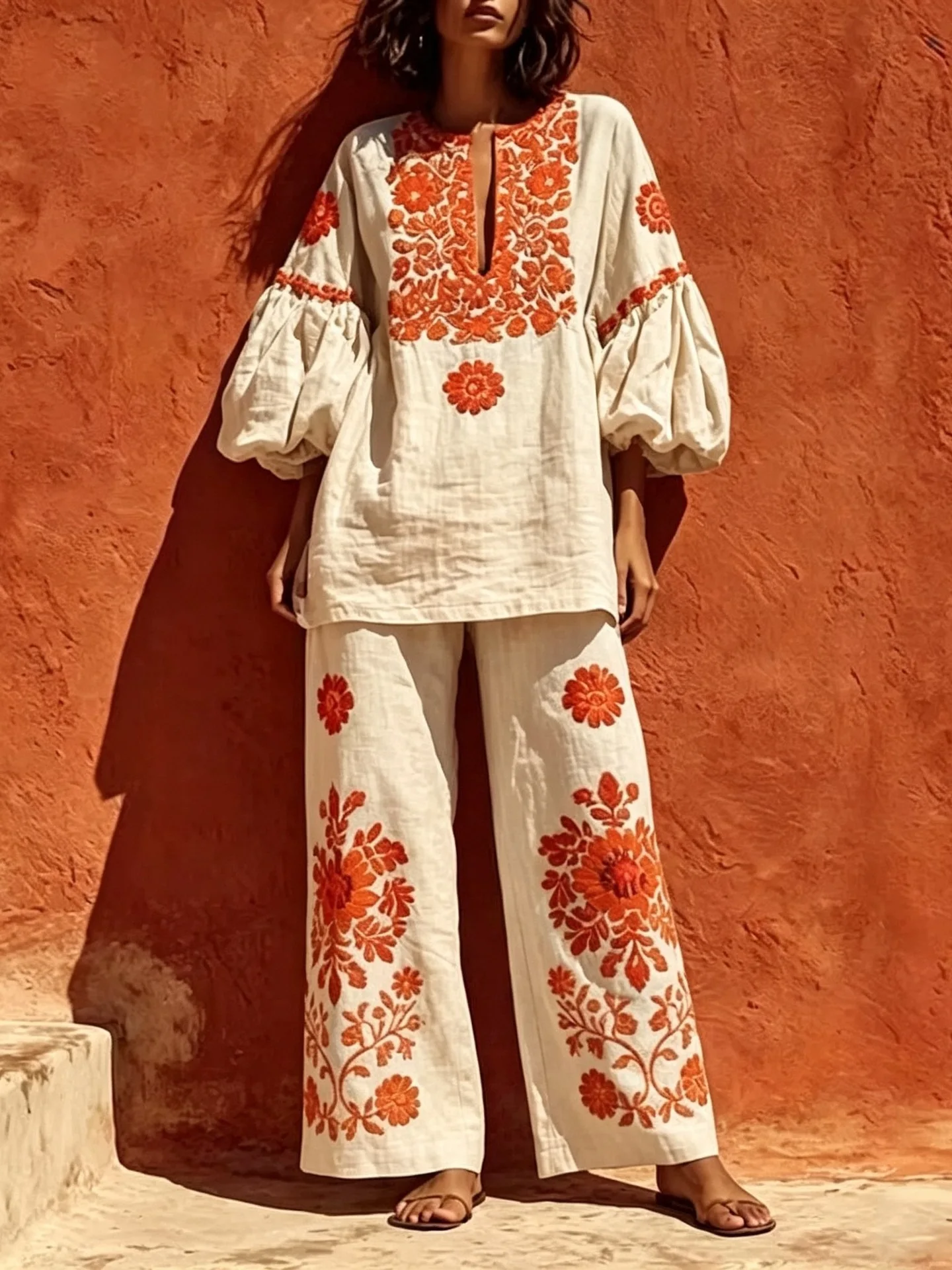 Women Boho Linen 2 Piece Outfit Floral Print Lantern Sleeve O Neck Blouse Wide Leg Pants Vintage Holiday Beach Matching Sets