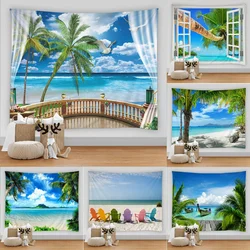 Seaview Room Tapestry Sea Coconut Tree Wall Hanging Beach Tapestries 3D Printed Large Wall Tapestry Boho Hippie Home Decor