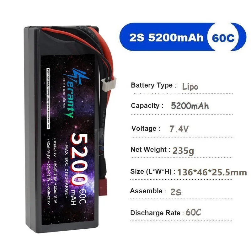 7.4V 5200mAh For Teranty 2S Lipo 60C Hard Case Battery T Deans XT60 TRX XT90 KEP-2P Car FPV Airplane Truck RC Toys Spare Parts