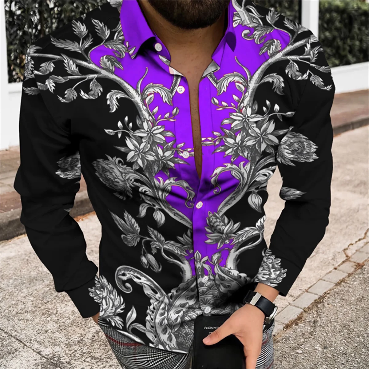 Camisa de manga comprida padrão textura floral masculina, top estampado 3D, moda casual, roupas unissex, primavera, outono, novo, 2024