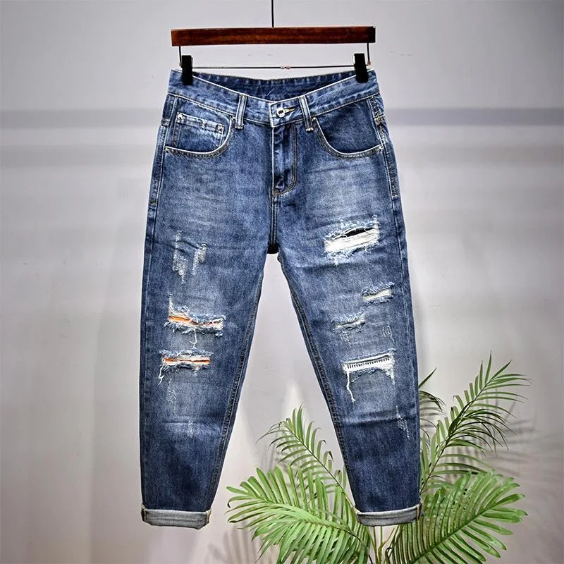 

Spring/Autumn Fashion Trendy Classic Straight Leg Ripped Stretch Denim Jeans Men's Casual Loose Fit Sports High Quality Jeans