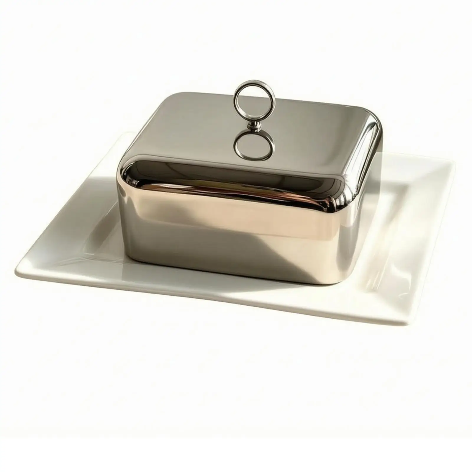 Stainless Steel Butter Dish with Ceramic Plate Polished Butter Serving Dish with Ceramic Base Easy to Clean Rust Resistant