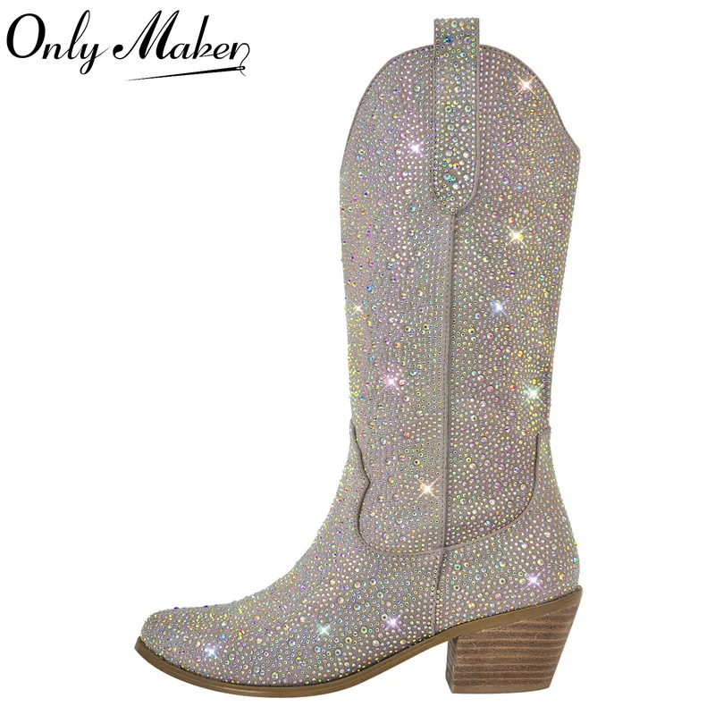 Onlymaker Women Side Zipper Knee High Boots Rhinestone Booties Glitter Bling Shiny Western Pointed Toe Block Heel  Cowgirl Boot