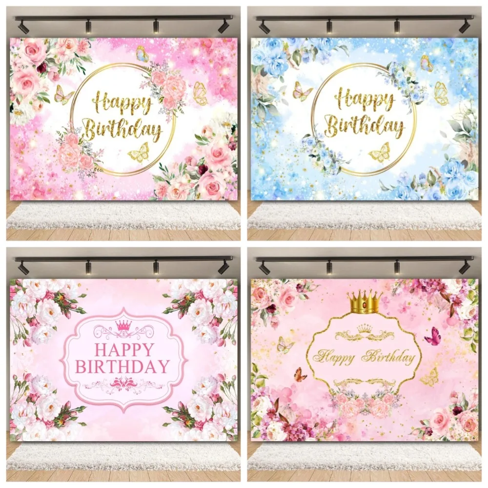 

Princess birthday party photography backdrop, butterfly pink garden, family party decoration banner photography background props