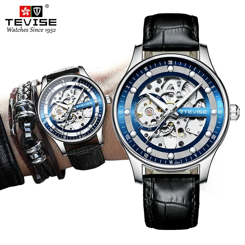 Fashion Tevise Top Brand Hollow Tourbillon Automatic Mechanical Leather Watch Men Leather Glow-in-the-dark Waterproof Man Sports