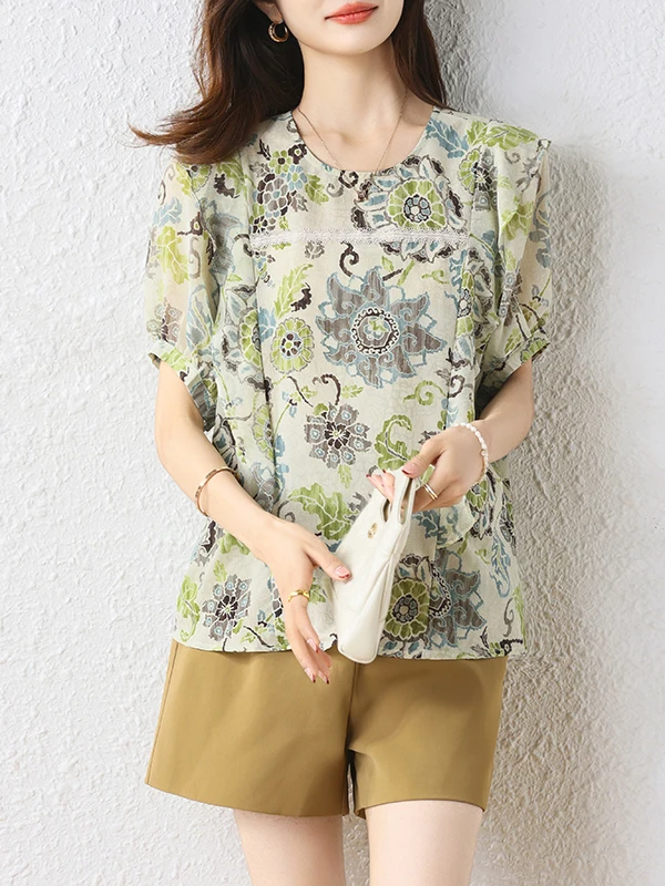 

Ele ort Sve Ruffle Patchwork round Ne irt Women's Faion Agel Design Summer 2025 Straight Cut Thin Material