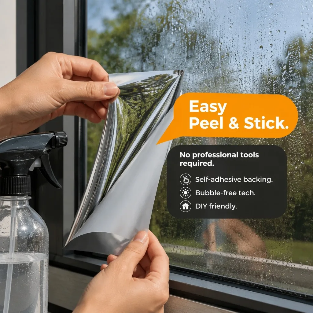 Daytime One Way Silver Mirror Privacy Window Film UV Protection Heat Control Static Cling for Home Office Glass
