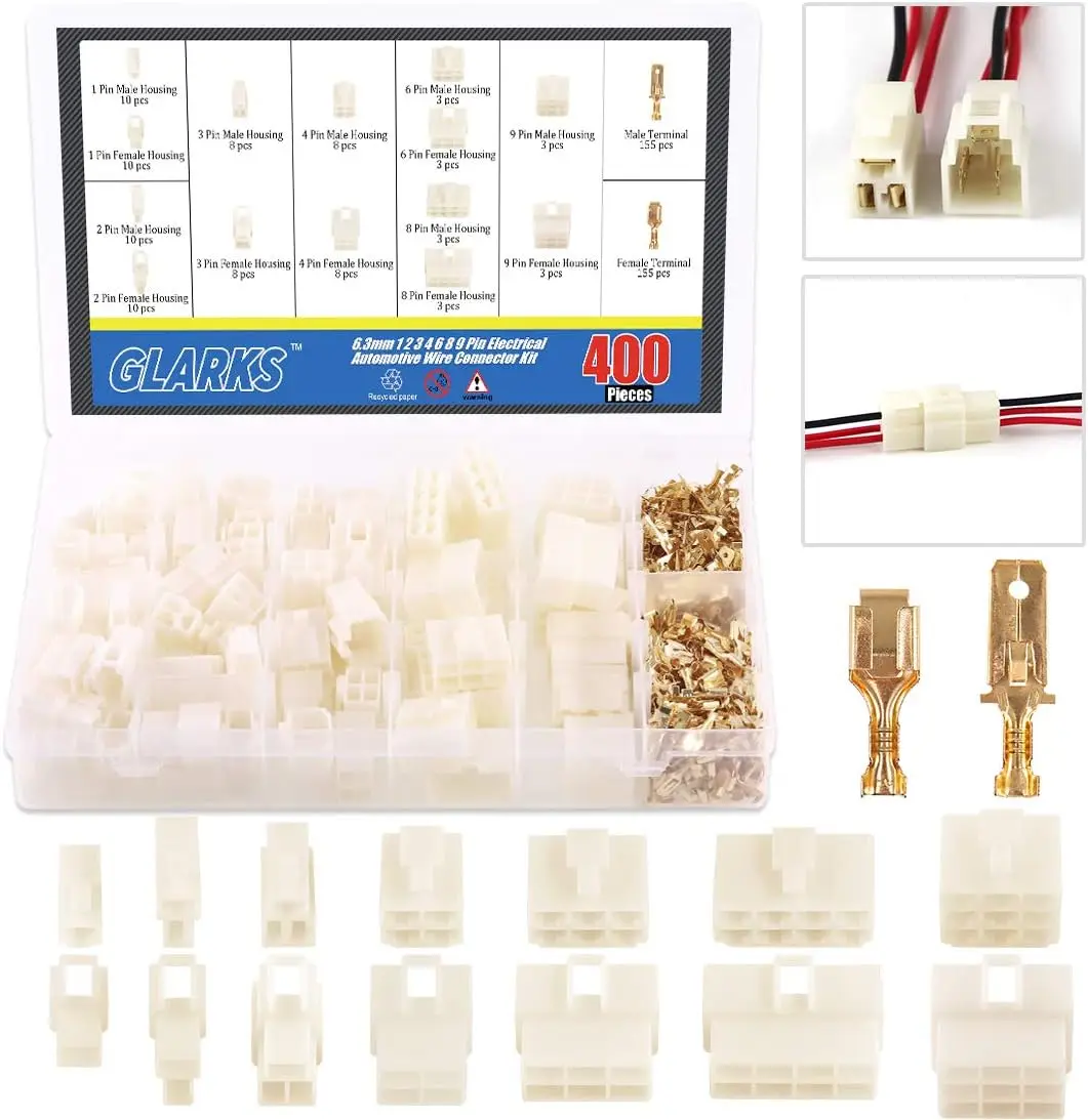 

400Pcs 6.3mm Automotive Wire Connector Kit with Male Female Plugs for Motorcycle, Car, Boat