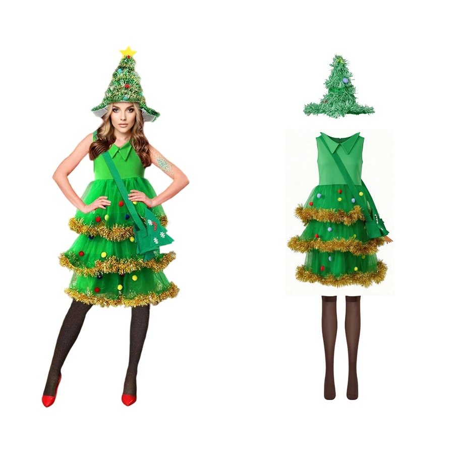 Women Christmas Tree Cosplay Costumes Tinsel Trim Tulle Tutu Mini Dress + Hat + Stockings + Bag 4Pcs Xmas Outfit Set - view 2