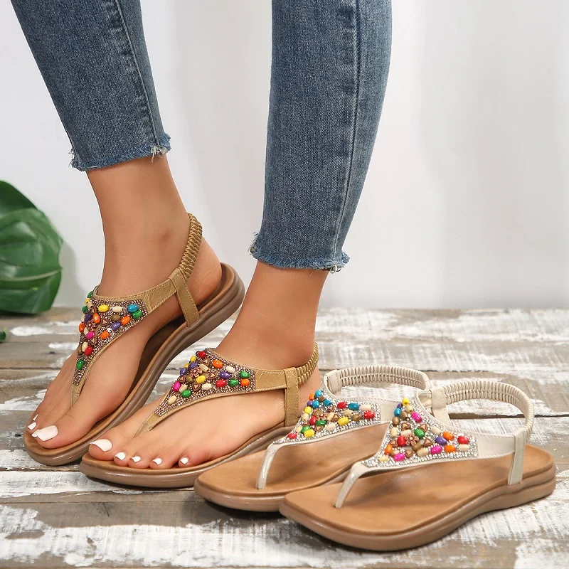 

2024 Summer Bohemain Flat Sandals for Women Colorful Beaded Decor Clip Toe Roman Sandals Woman Soft Sole Non Slip Beach Shoes