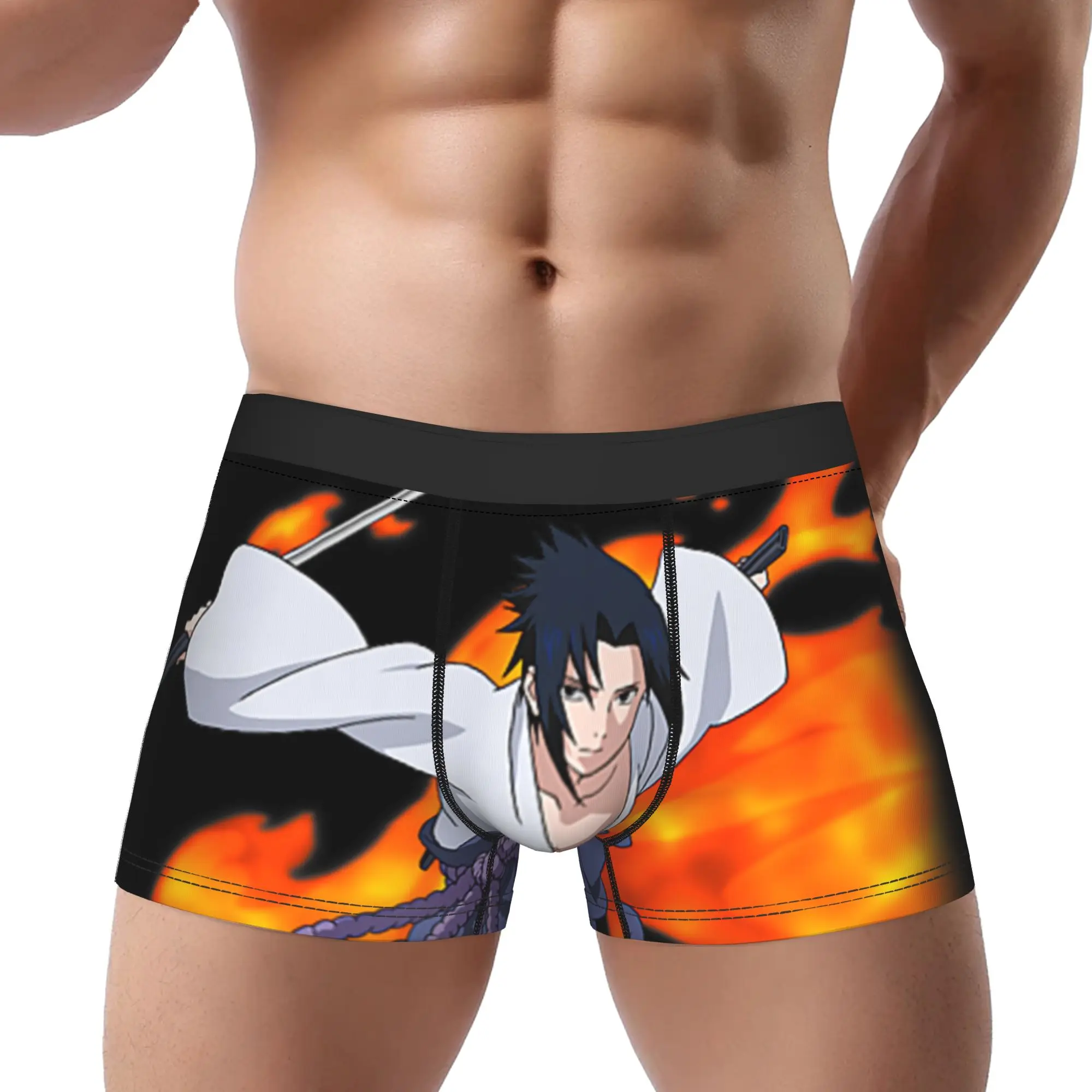 Naruto Shippuden Sasuke Stacked Flame Type  Underpants Homme Panties Men's Underwear Print Shorts Boxer Briefs