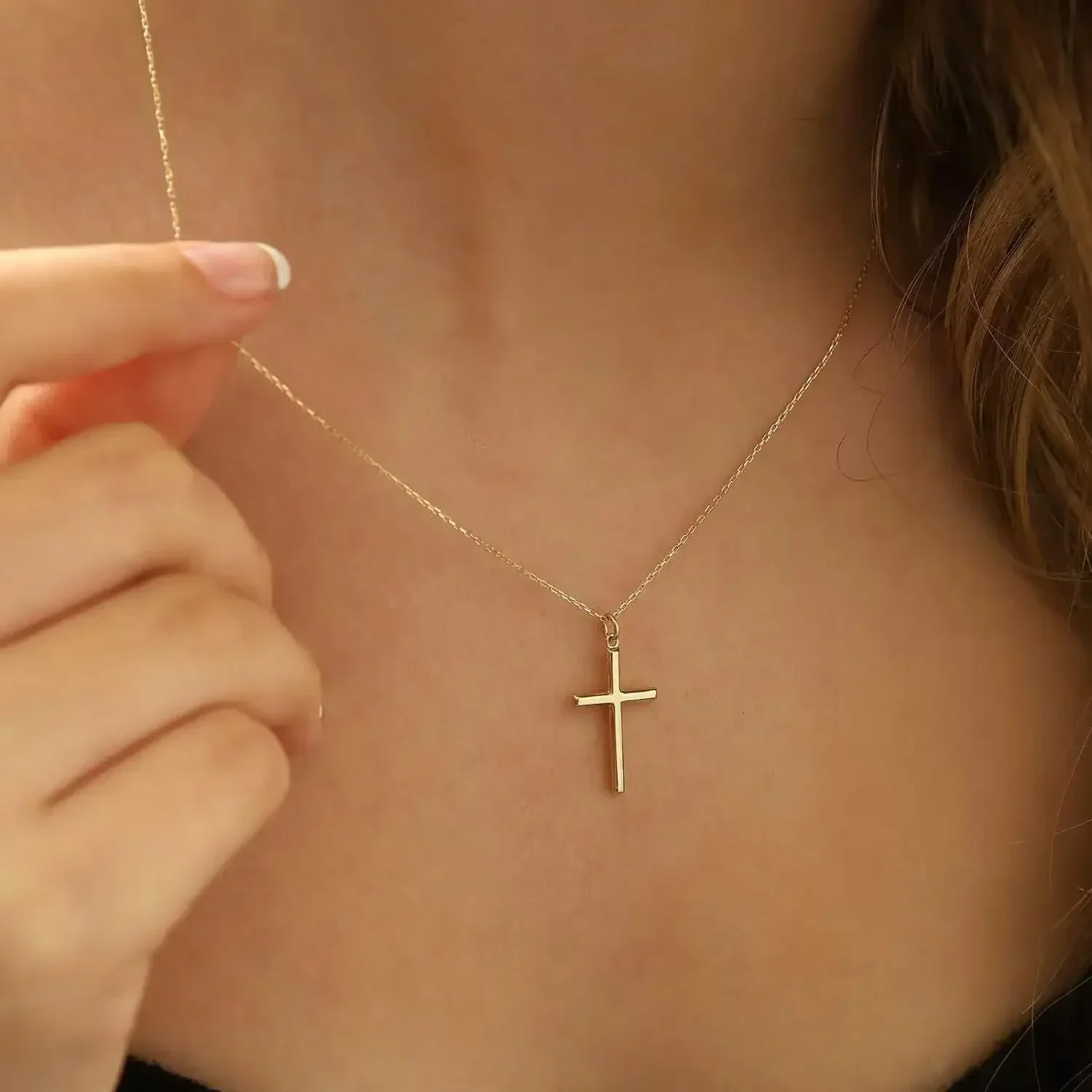 Fashion Silver Color Girls Hammer Pattern Necklace Simple Individuality Cross Shaped Pendant Women's Gift Boutique Jewelry