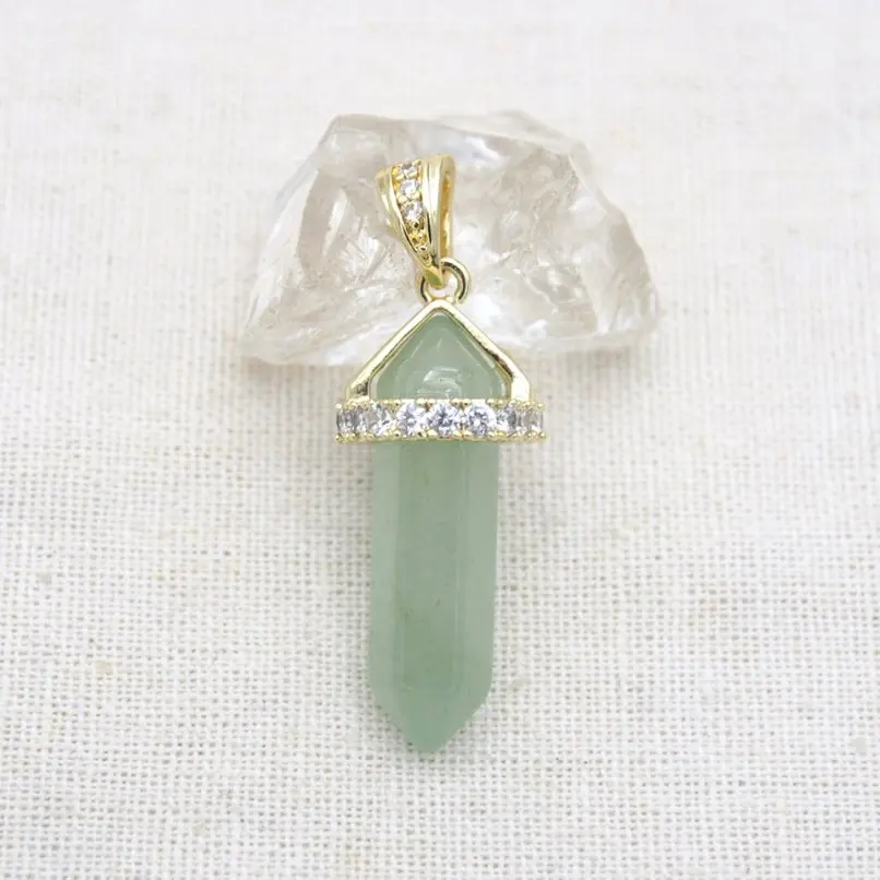 Invisible Setting Gold Color Pendant Hexagon Hexagonal Prisms Crystal Pillar Point Copper Cubic Zirconia Aventurine Jewelry