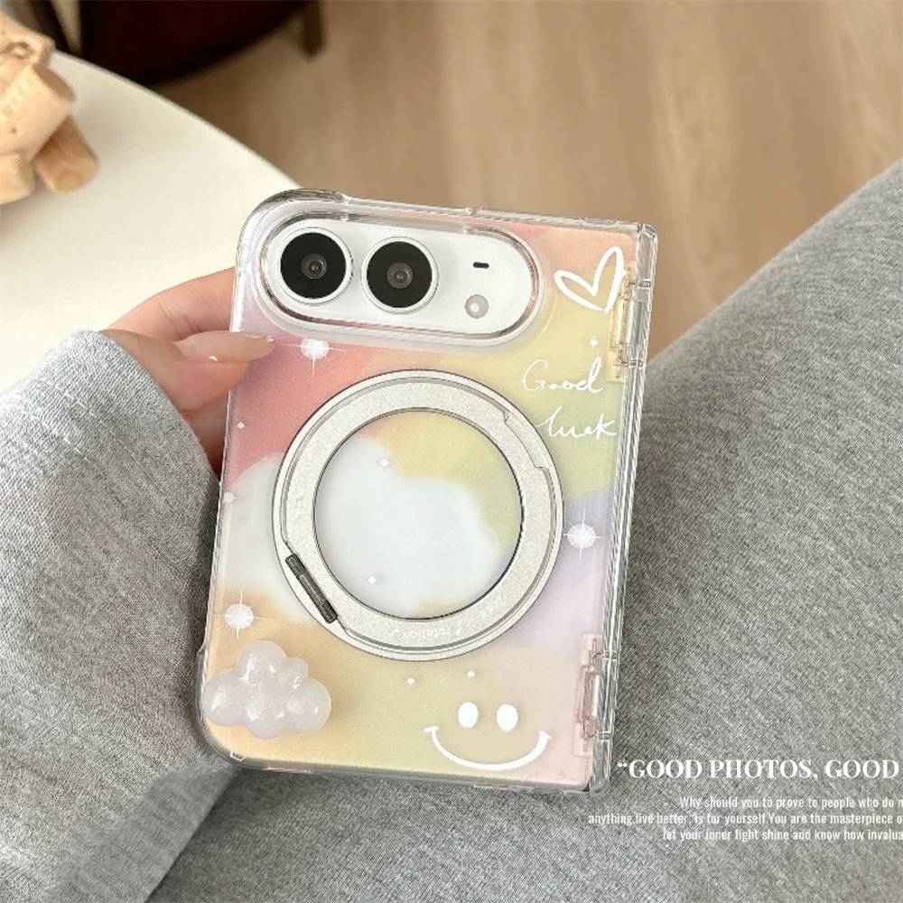 Cute Pastel Gradient Smiley Cloud Magnetic Rotating Bracket Phone Case For iPhone Duo Kawaii 3D Cloud Hard Protective Cover