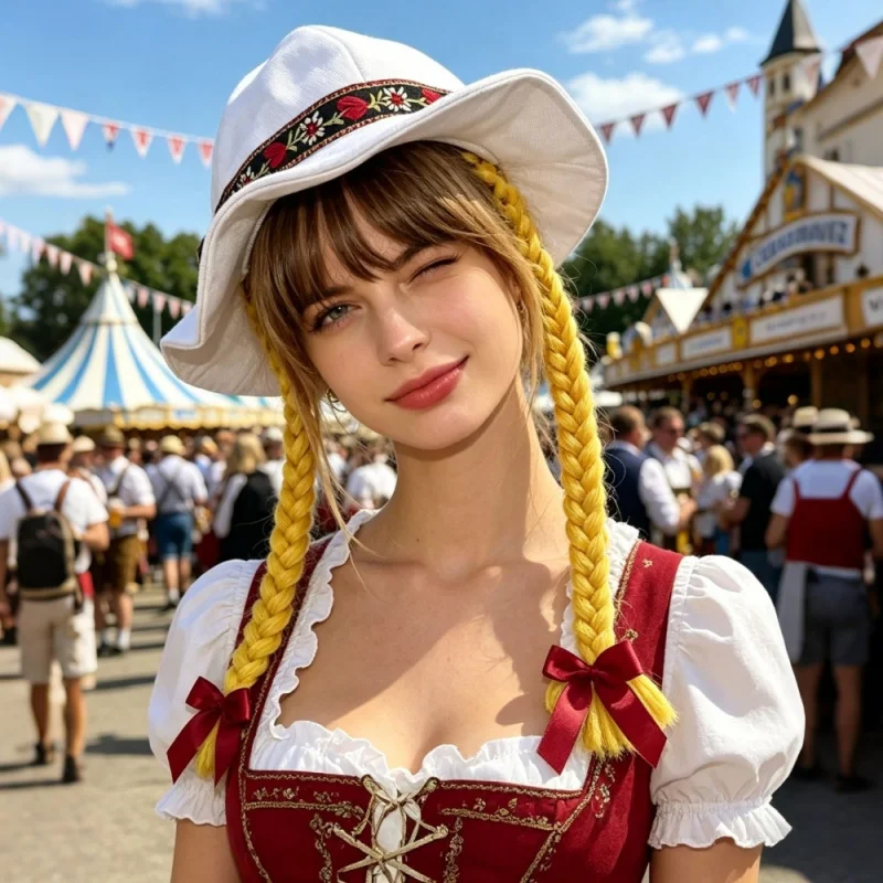 Retro Ethnic Style Embroidered Fishing Hat with Double Braided Bow Beer Festival Theme Party Attire Cap Oktoberfest Costume