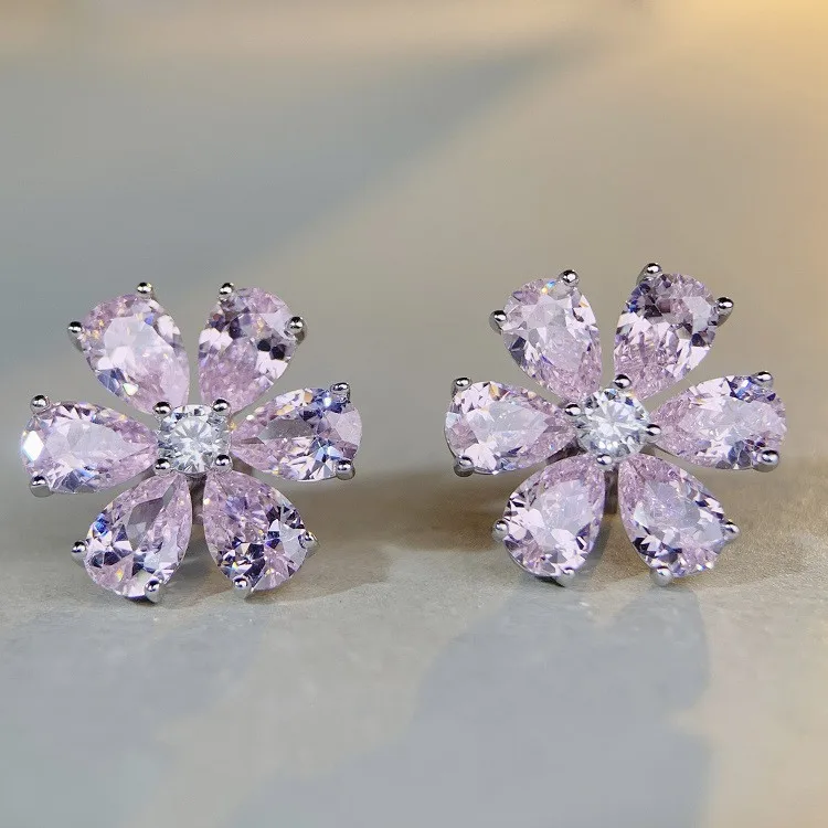 PANSYSEN Romantic 925 Sterling Silver Flower Shape Sapphire Ruby High Carbon Diamond Stud Earrings for Women Wedding Jewelry