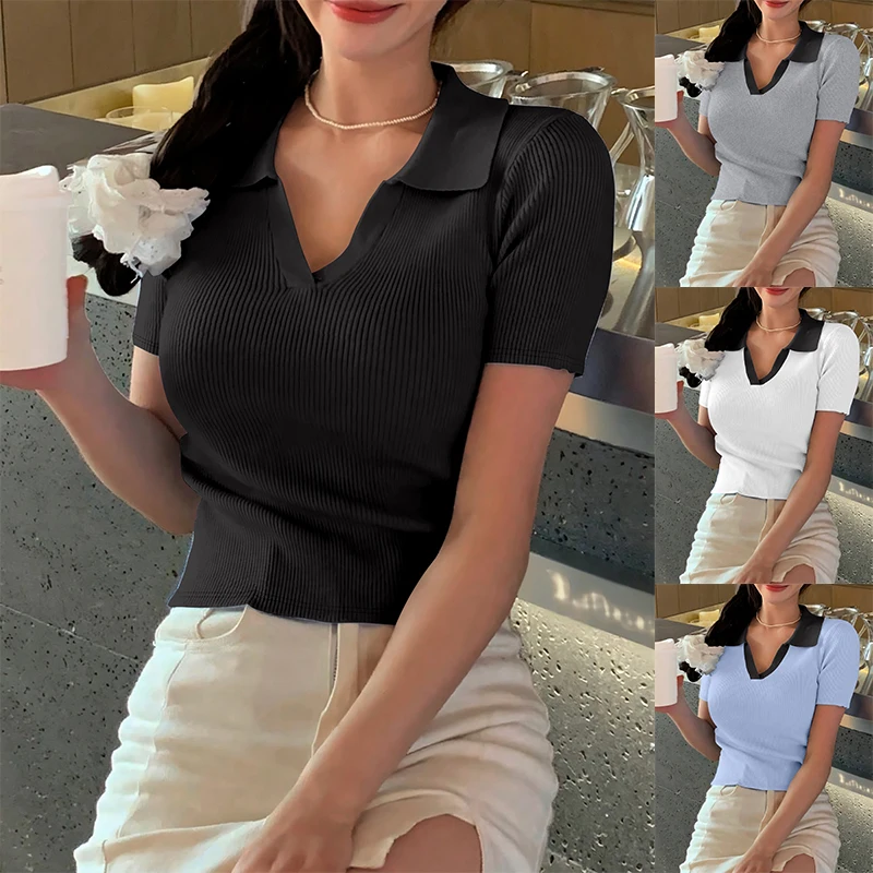 Summer Women's Shirt V-neck Short Sleeve POLO Shirt Clash Color Ribbed New Fashion Casual Women's Tops Sweet Style