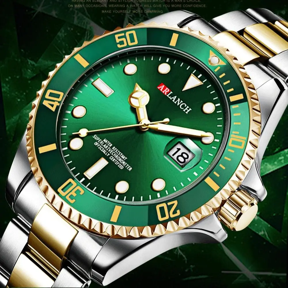 Luxury Men Quartz Watches 40mm Green Dial Calendar Function Luminous Waterproof Stainless Steel Watch For Men Relogio Masculino