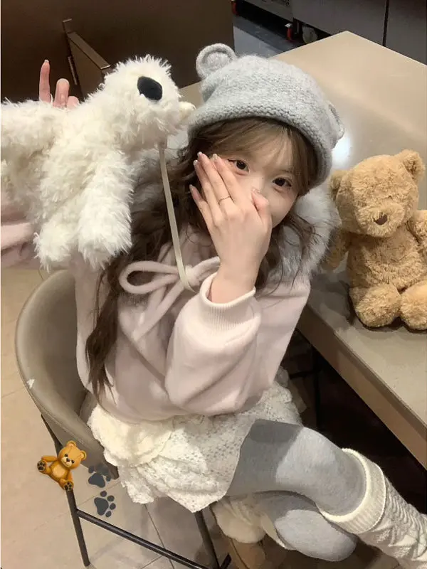 

Thiened Woolen Coat with Hat Soft Sweet Large Fur Collar Korean Sle Long Sve Women's Winter Jaet Beautiful Coat